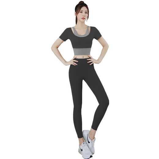 Dongwangrui Women's Yoga Suit Top Running Fitness Pilates Training Clothes Yoga Pants Quick-Drying with Chest Pad Short Sleeves + Long Pants Star Black XL 115-125