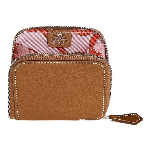 Hermes Card Bag (Hermes) Frauenbeutel New Coin Wallet Calb Leder Kupplung Palladium Reißverschluss Öffnungs- und Schließung der Mode Chinesische Valentinstag Geschenk Brown-Pink