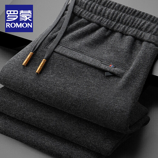 ROMON high-end wool-containing casual pants for men in autumn and winter, loose straight heavyweight sports woolen pants for middle-aged and elderly dads, high-grade gray XL