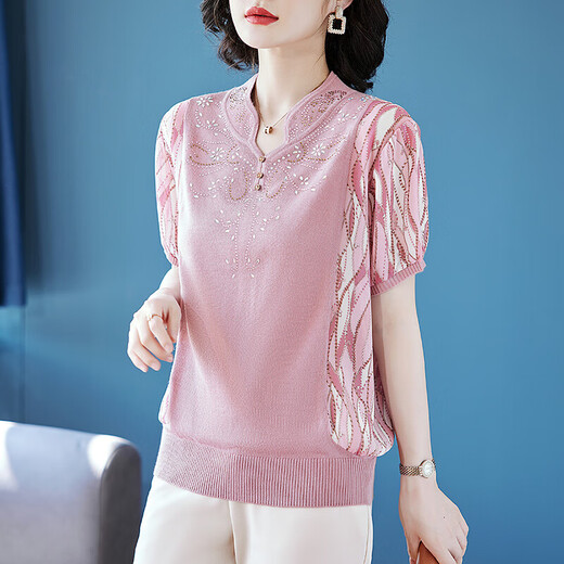 Qiafan Mother's Mother's Summer Set New Ice Silk Top Top Milieu d'âge moyen et âgée T-shirt Small Shirt Shirt Short à manches courtes en deux pièces An15258 Pink + Black Elastic Pantal