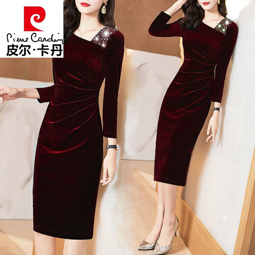 Vestido de noche Pier Cardin Vestido de terciopelo de oro para mujeres en otoño e invierno Nuevo noble y de moda falda larga más terciopelo falda cubierta de cadera espesa burdeos [sin vellón] XL recomendado 100-120Jin [Jin iguala 0.5 kg]