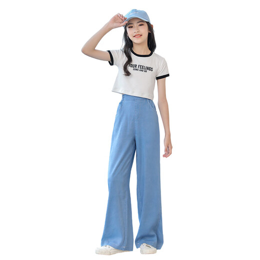 Nickybaby Girls 'Fashion Suit Fashionable Summer 2025 New Children's Big Children's Short-Ley-Ley-Legal Pants Traje de verano para niñas explotó 9889 White + 15030 Azul [Set] 120 cm