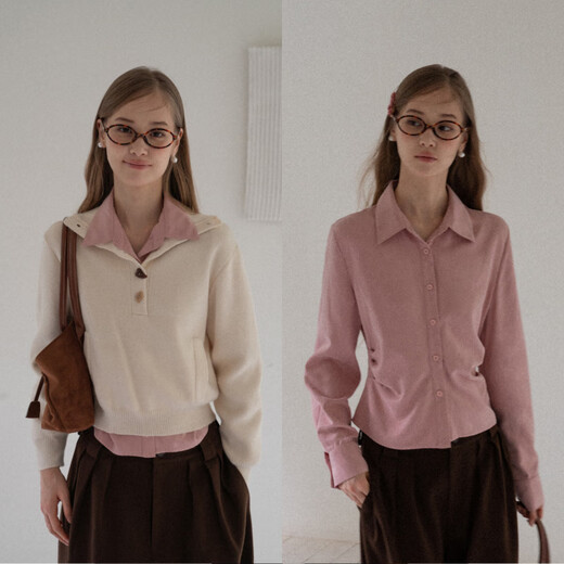 EGGKA pink pleated design long-sleeved shirt layered with waist and temperament short top E25A60131BK Pink S