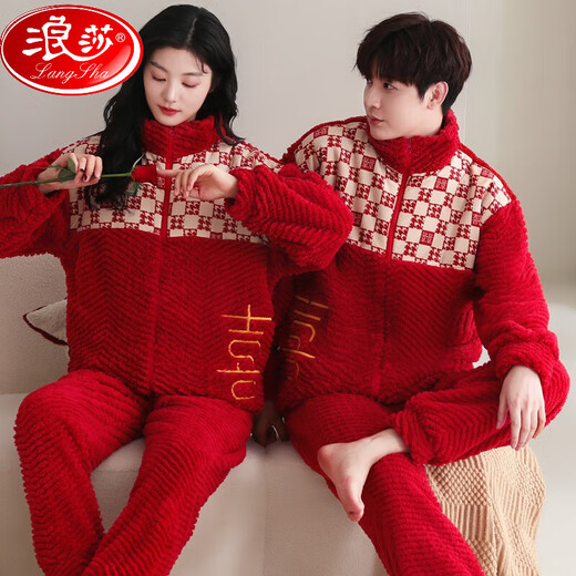 浪莎（LangSha）秋冬季结婚情侣睡衣红色珊瑚绒加厚加绒男女士新婚婚庆家居服套装 9716+图案+囍气洋洋 加 厚加绒 M 女款： 建议80-100斤