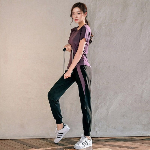 Baichao Yoga Wear Women's Summer Slim Loose Sports Fitness Quick-Drying Stretch Breathable Pilates Training Top Set Dark Purple Three-piece Set Short Sleeves + Long Sleeves + Pants XL118-130Jin Jin equals 0.5 kg