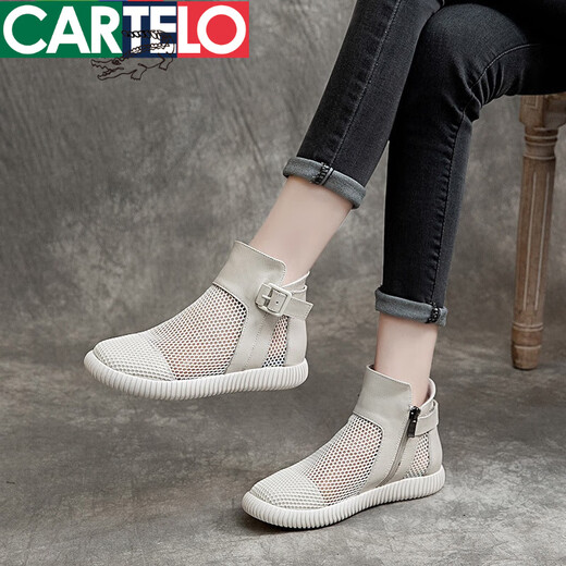 CARTELO 2025 new summer shoes for women's breathable sandals Martin boots thin mesh round toe hollow boots soft sole high top white 38