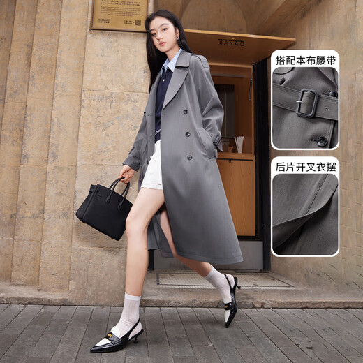 Xiangying high-end gray windbreaker women's spring and autumn 2025 new temperament British style double-breasted loose mid-length coat Gray M