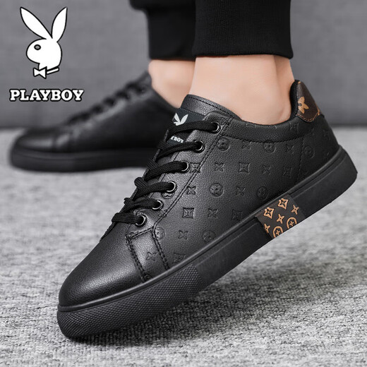 Playboy men's shoes 2025 autumn and winter new casual shoes men's high-end sneakers plus velvet business British leather shoes for men black 41