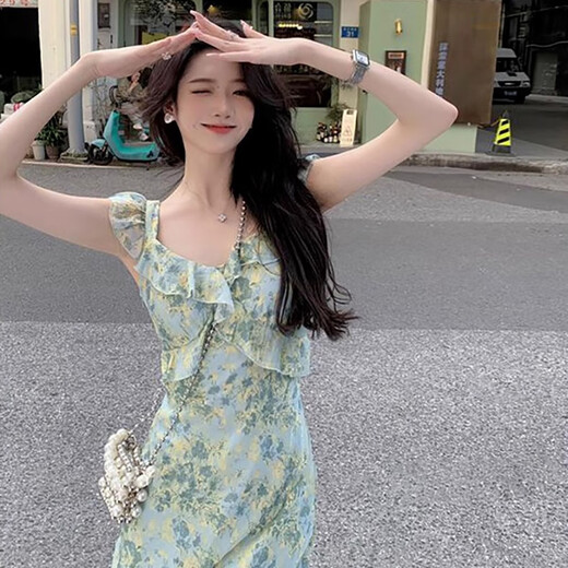 妙奕嘉法式碎花吊带连衣裙女纯欲裙子夏天新款显瘦收腰长裙气质沙滩裙 胸前交叉荷叶边吊带连衣裙 L 【建议120斤以内】