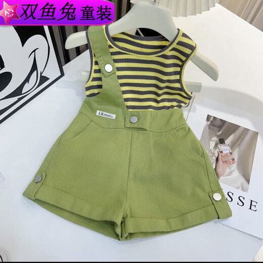 双鱼兔（SHUAGNYUTU）女童斜肩背带裤夏季薄款两件套超萌夏装 套装(双肩粉色裤+粉色短袖) 130 码建议身高120CM