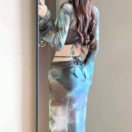 斤慕比基尼泳衣女2025新款分体四件套长裙性感欧美修身显瘦泡温泉度假 扎染墨蓝均码【建议80-118斤】