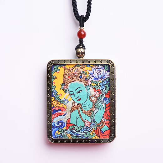 Nian Dao Tibetan Regong hand-painted thangka pendant white green Tara yellow God of Wealth Medicine Buddha men and women Tibetan Buddha amulet necklace pendant Green Tara style 2