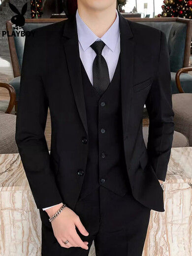Playboy Casual Anzug Anzug Herrengeschäft formelle Jacke Neuer Hochzeitskleid Professioneller Anzug Männer Schwarz [Anzug + Hemd + Hose] 3xl 3xl Empfehlung [161-175jin [Jin gleich 0,5 kg]]