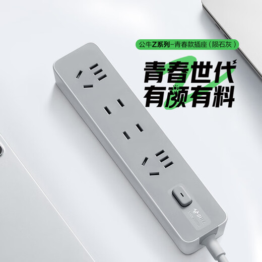 Bull (BULL) socket basic model master control switch drag strip porous long line multi-functional electrical plug-in board with child protection door/new national standard/row plug/wiring board gray Z generation series four-socket master control 1 meter-Z1221J meteorite gray