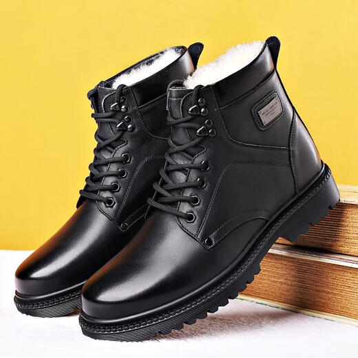 
Gu Wenlun military hook boots men's cotton boots genuine leather Martin boots cruiser cotton shoes men's high top leather shoes men's fur integrated 3519-1 black single shoe style 38