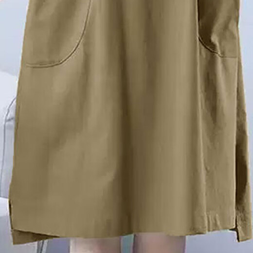 Zimu cotton and linen autumn clothing for women, literary and casual POLO collar mid-length dress with long sleeves loose slimming skirt 9859 khaki XL (recommended 125-140 Jin [Jin equals 0.5 kg])