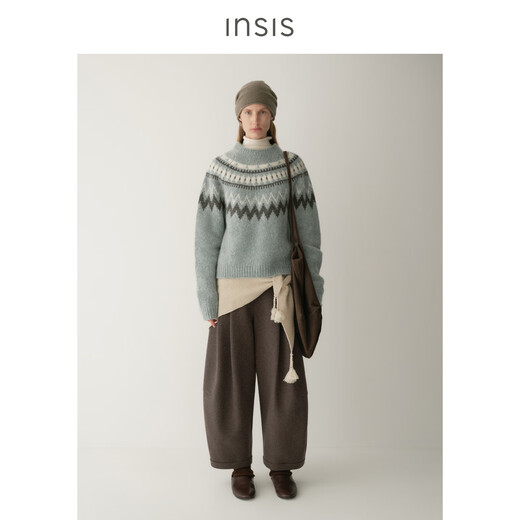 INSISFEMME Australian Merino sheep wool Nordic style literary retro Fair Isle round neck pullover knitted top Madrid Brown S