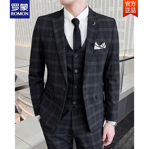 ROMON Men's Suit Korean Style Plaid Groom Wedding Dress Casual Business Formal Fit Suit Three-piece Spring Gray Suit + Vest + Pants Tie XL
