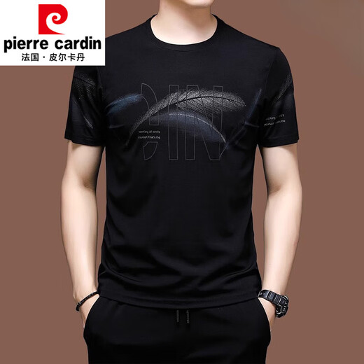 皮尔卡丹（pierre cardin）新款短袖t恤男士冰丝半袖夏装卫衣丝光棉刺绣宽松中年上衣服潮 X733黑色 M 165M建议100-120斤