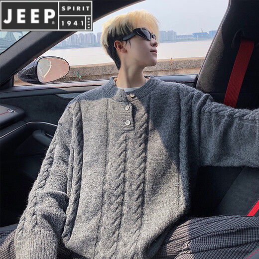 JEEP SPIRIT Henry collar sweater for men in autumn and winter fashion cable pattern blended pullover sweater for men simple warm woolen clothes off-white M