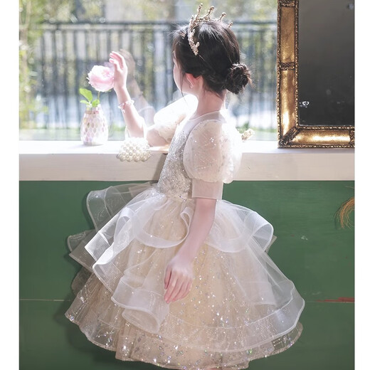 小咔衣浓女童生日晚礼服儿童公主裙花童婚礼小女孩轻奢小众高端钢琴演出服 香槟色短袖短款 120