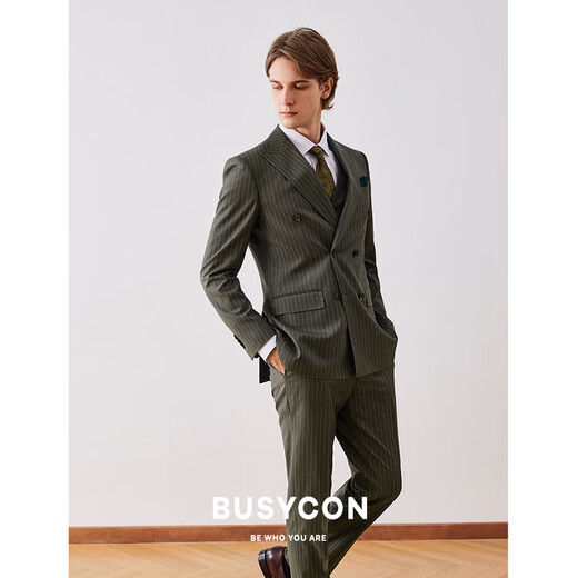 BUSYCON西服套装男士高端羊毛新郎结婚商务外套双排扣戗驳领男西装三件套 清新绿(单上衣)高品质 S 46 参考体重108斤-120斤