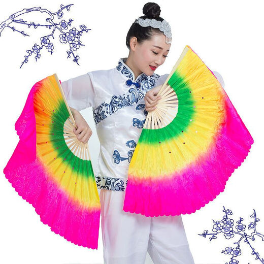 Fan dance fan square dance Northeastern Yangko double-sided 18-bone three-color gradient square dance fan pair 18-bone 31 floating 20 green and yellow rose pair for left and right hands