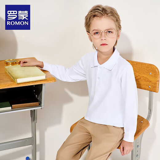 Luo Meng children's velvet polo shirt for boys and girls white T-shirt winter long-sleeved campus wear white velvet 160