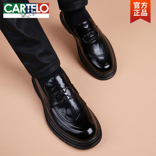 CARTELO Crocodile Loafers Men's Genuine Leather Breathable Thick-soled Beanie Casual Leather Shoes 2025 New Business Formal Slip-On Men's Shoes Black Does Not Increase 40