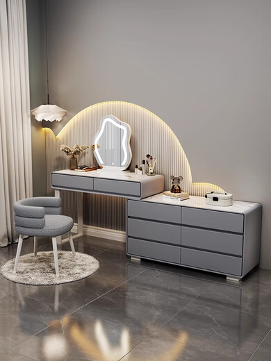 FEDDIES slate dressing table bedroom cream style Internet celebrity solid wood dressing table table six drawer cabinet integrated modern simple storage cabinet white 120CM table + cabinet + cloud mirror + petal chair solid wood six drawer cabinet slate countertop