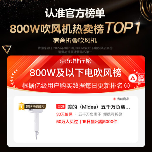 Midea 50 million negative ion hair dryer, student hair dryer, foldable portable hair dryer FZ105 800W, available in dormitories, national subsidies for home appliances, holiday/birthday gifts