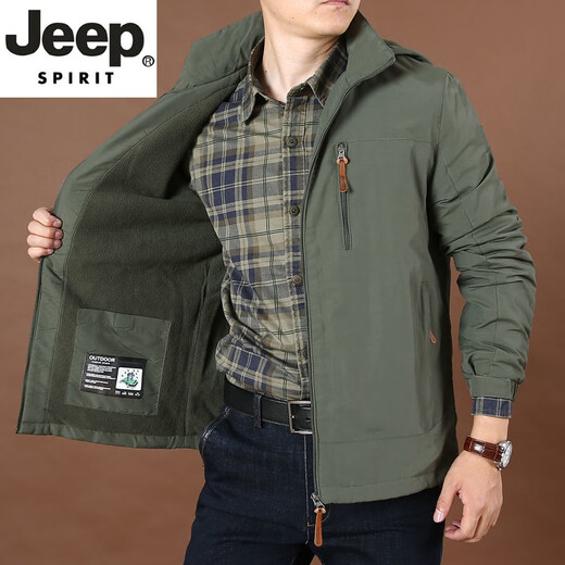 JEEP SPIRIT high-end autumn and winter new plus velvet jacket men's waterproof breathable assault top middle-aged large size cotton coat jacket for men 8818 military green plus-velvet L