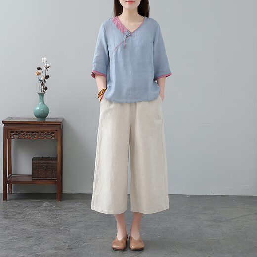 阙时翊太极服棉麻女夏装宽松大码中国民族风复古刺绣太极服两件套夏季 1369焦糖上衣+麻本裤子 L(110~125斤)