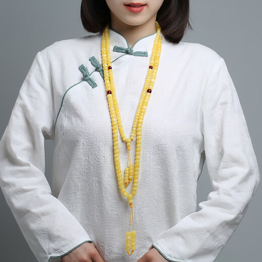 Zhimo Original Beeswax Amber Old Type White Flower Nectar 108 Bucket Beads Chicken Oil Yellow Bracelet Buddha Bead Necklace for Men and Women Old Type White Flower Nectar 108*8mm