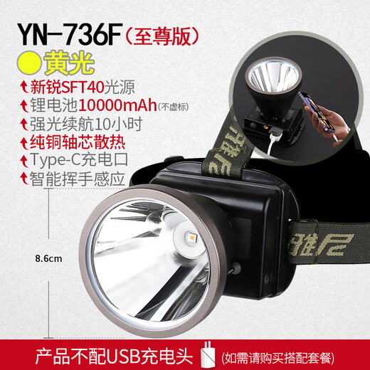 雅尼（YANI）超亮头灯强光充电远射头戴式led矿灯锂电池超长续航户外夜钓赶海 736F黄光-激光远射炮-21700锂电