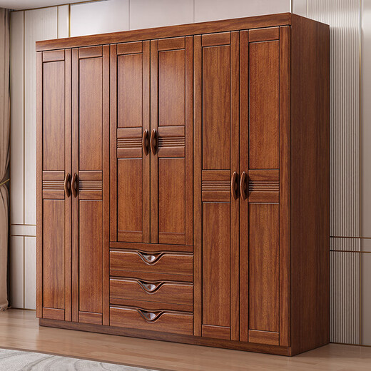 Hexi walnut solid wood wardrobe home bedroom furniture storage modern Chinese large wardrobe combination wardrobe economical walnut six-door wardrobe