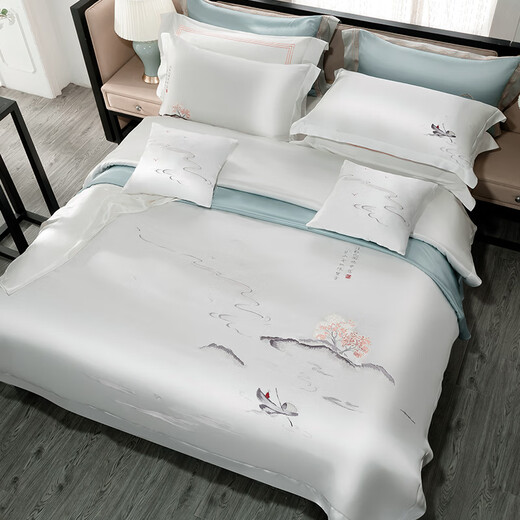Sihuang Neues chinesisch gestickte Seide Vierteilige Set 100% Mulberry Seide 25 mm Million High-End Home Textile Seide Bettwäsche Set Pfirsichblüte fließend Wasser 3881 [Vorverkauf 5 ~ 7 Tage Sendung] 1,8-m-Bettblattstil [Quilt Cover 200x230]