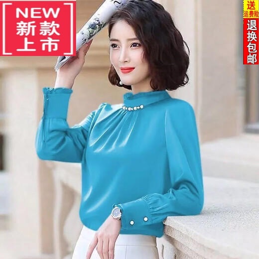 Tasi red shirt women's long-sleeved tops 24 spring and autumn new loose heavyweight silk ruffled stand-up collar bottoming shirt tops for women big red 3XL recommended 130-140Jin Jin equals 0.5 kg