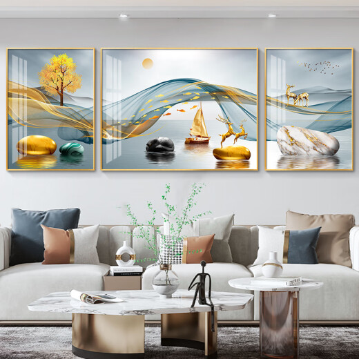 Sanqihu maßgeschneidert für leichte Luxus-Wohnzimmer-Dekoration Mal Sofa Hintergrund Wandmalerei Mural Malerei Fulu Landschaft Triptycharchatmatmosphärische HJ-3886-Finanzrollen Rolling Rolling für Sofas über 4,3 Metern und 70*9 l auf beiden Seiten