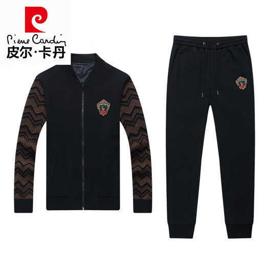皮尔卡丹（pierre cardin）春秋新款高端品牌夹克套装男士青年休闲运动套装男潮流外套衣服 6629-黑色 2XL 180