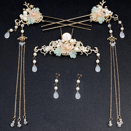Bai Qixin's Hanfu headdress, tassels, rocking hairpins and earrings, a complete set of ancient style pair clips, super fairy hair accessories, clips, ancient costume decorative accessories, gold flower hair accessories set - ear clips and ear hooks