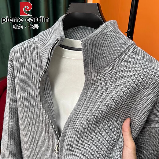 Pierre Cardin versatile solid color wool zipper cardigan men's knitted sweater autumn and winter new slim sweater jacket men stand collar outer wear black 165/M