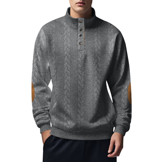 JEEP SPIRIT autumn and winter heavy jacquard men's American sweatshirt casual stand-up collar button placket long-sleeved henley shirt polar fleece jacket black S