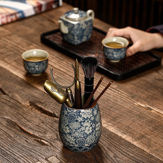 The Six Gentlemen of the Tea Ceremony in the Preface of the Craftsman, Ru Kiln Blue and White Tea Cylinder, Tea Spoon, Tea Clip, Tea Needle, Pot Keeper, and Pen, Household Tea Accessories Set, Clay Blue and White - The Six Gentlemen of the Tea Ceremony