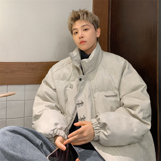 OEMG American retro metal airplane button cotton coat for men and women in winter thickened warm loose bread coat cotton coat gray XL recommended 125-140Jin Jin equals 0.5 kg