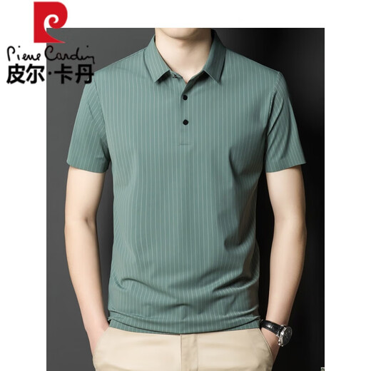 皮尔卡丹夏季翻领无痕短袖T恤男士竖条纹休闲polo.衫男装潮流薄款冰丝半袖 灰色 6996 L 175