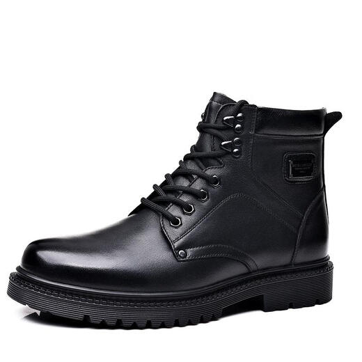 
Gu Wenlun military hook boots men's cotton boots genuine leather Martin boots cruiser cotton shoes men's high top leather shoes men's fur integrated 3519-1 black single shoe style 38