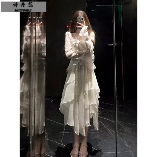 诗丹蕊法式温柔风白色雪纺连衣裙仙女春秋冬气质绝美不规则生日小礼服裙 白杏连衣裙 均码【可备注码数】
