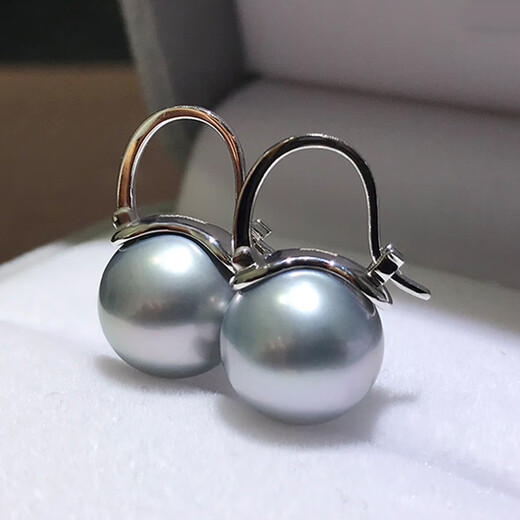 Fujiu Platinum Gray Natural Tahitian Earrings Black Pearl Earrings 18K Gold Dong Qing Same Style Earrings Seawater Pearl Earrings Platinum Gray Pearls 14-14mm