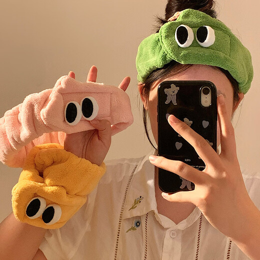 Cute big-eyed face wash headband for women to apply facial mask and wash, special cartoon plush headband winter headband headgear, relax-yellow elastic